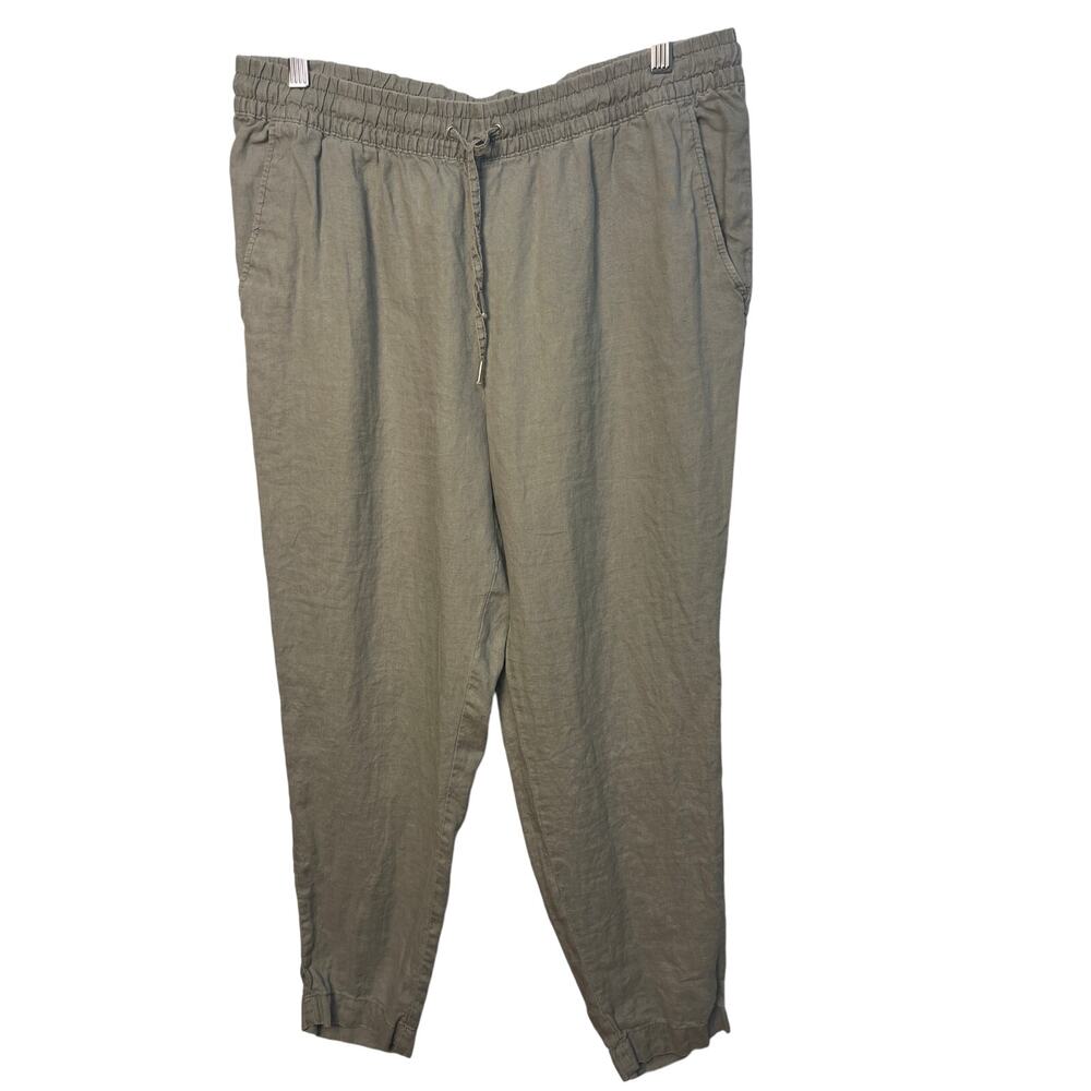 HM LOGG Women 12‎ Olive Green 100% Linen Jogger Pants Elastic Waist Drawstring